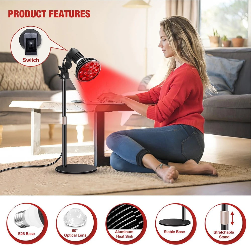 E27 Red&Near Infrared Light Therapy Lamp-LED for Face Body Treatment Pain Relief ,Adjustable Stand,18 LEDs 660nm&850nm Combo